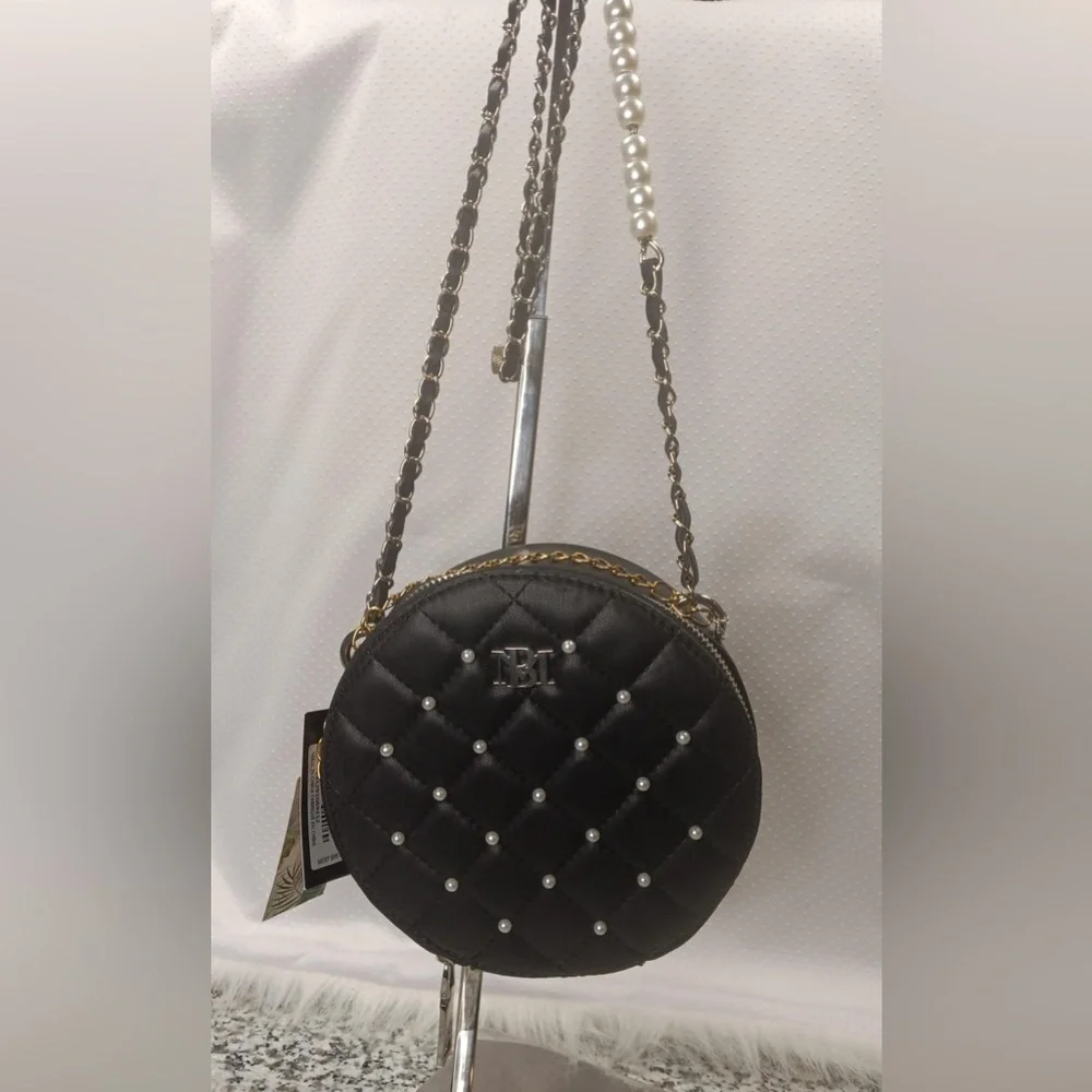 NWT Badgley Mischka Round Quilted Pearl Studded Small Black Crossbody Bag